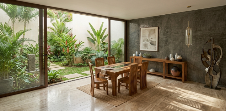 TEAK WOOD DINING SET WITH GLASS TOP